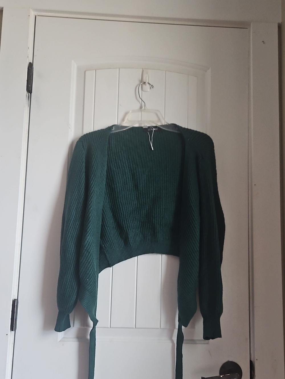Lemon Emerald Ribbed Tie-Front Cropped Cardigan